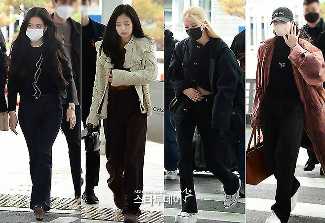 그룹 블랙핑크의 지수(왼쪽), 제니, 로제, 리사가 유럽투어를 위해 인천국제공항 출국장을 향하고 있다.