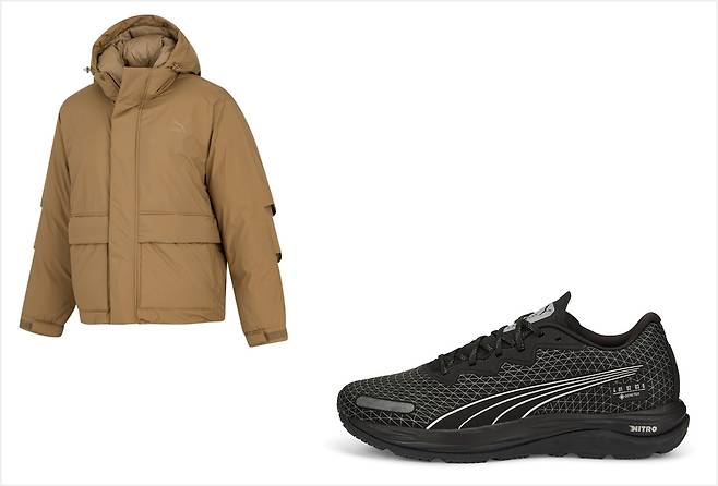 사진 : (좌) 푸마 윈터 컬렉션 신제품 '유니 유틸리티 다운 재킷' (우)푸마 러닝화 '벨로시티 나이트로 2 GTX'