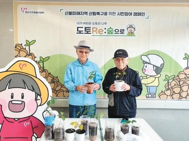 도토리 묘목을 제출하는 봉사자. 경산시자원봉사센터 제공