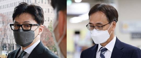 한동훈 법무부 장관과 정진웅 법무연수원 연구위원.<연합뉴스>