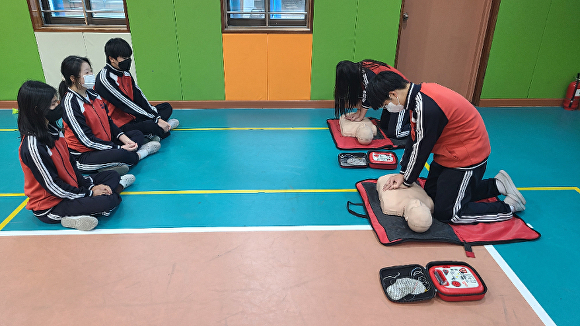 사대부속중학교 2학년 학생들이 자동심장충격기(AED) 사용법을 익히고 있다.  [사진=대구시교육청]