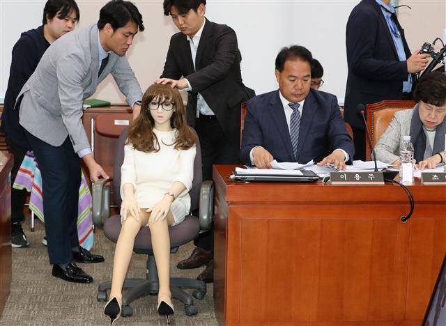 이용주 무소속 의원이 18일 서울 여의도 국회에서 열린 산업통상자원중소벤처기업위원회의 산업통상자원부에 대한 국정감사에서 성인용품인 리얼돌을을 보여주며 질의하고 있다. 이용주 의원은 ‘세관에서 리얼돌의 수입은 막고 있지만, 국내생산 업체가 45곳이나 된다’고 주장했다. 2019.10.18뉴스1