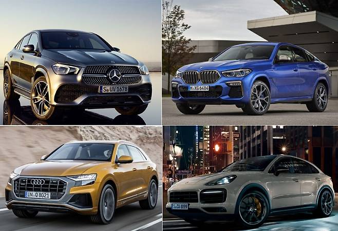 (왼쪽 위부터 시계방향) 메르세데스-벤츠 'GLE 쿠페', BMW 'X6', 포르셰 '카이엔 쿠페', 아우디 'Q8'