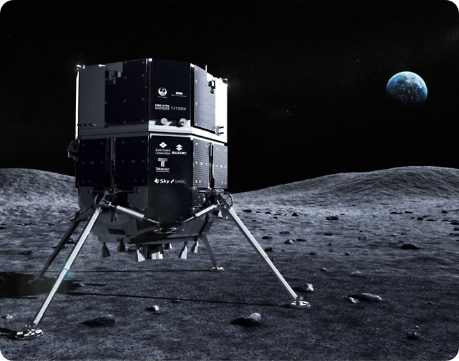 일본 우주개발기업 아이스페이스가 개발한 달 착륙선이 월면에 착륙한 상상도. 아이스페이스는 스페이스X의 팰컨9 로켓에 달 착륙선을 실어 미국 플로리다주 케이프커내버럴 우주군 기지에서 1일(현지시간) 발사한다. 아이스페이스 제공