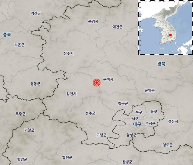 1일 오후 3시 17분께 김천시 동북동쪽 14km 지역에서 규모 3.2 지진 발생했다. <자료=기상청>