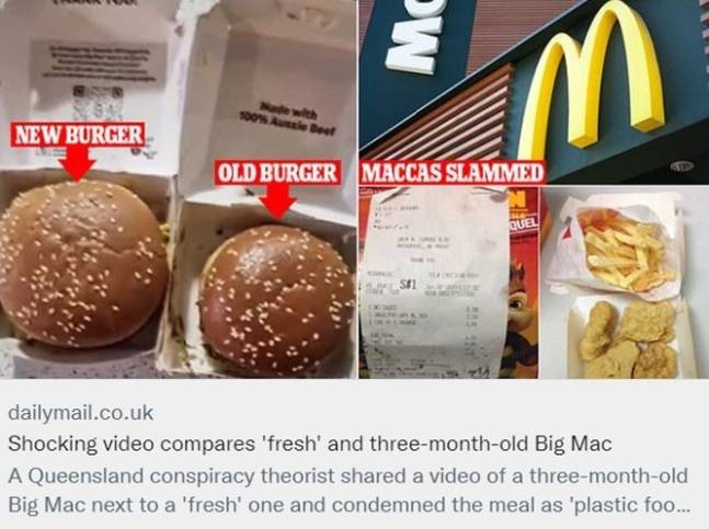 호주에 거주하는 밥 로블러는 3개월 된 빅맥 버거의 모습을 공유했다. 데일리메일 트위터 캡처
