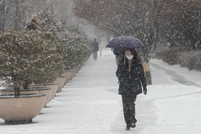 눈이 내리는 서울 여의도 공원에 시민들이 발걸음을 옮기고 있다. ⓒ데일리안 DB