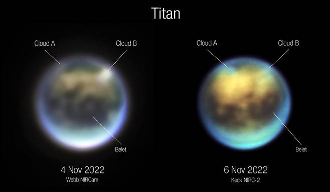웹(왼쪽)과 켁 망원경이 이틀 간격으로 포착한 타이탄  [NASA, ESA, CSA, W. M. Keck Observatory, A. Pagan (STScI). Science: Webb Titan GTO Team 제공/ 재판매 및 DB 금지] photo@yna.co.kr