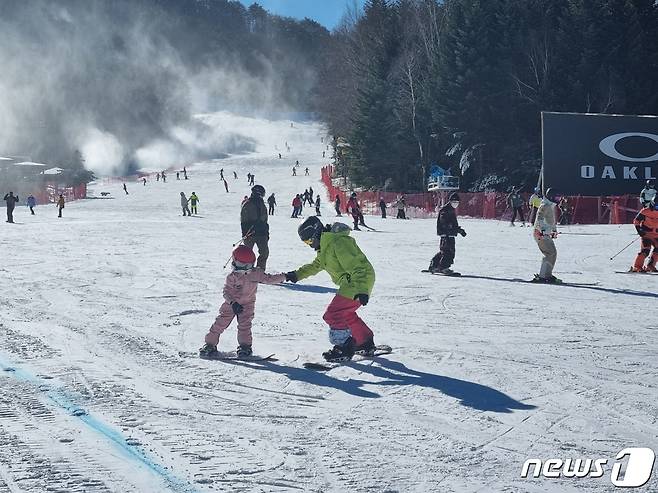 2일 개장한 강원 평창군 용평리조트를 찾은 아이가 스키를 배우고 있다. 2022.12.2/뉴스1 ⓒ News1 윤왕근 기자