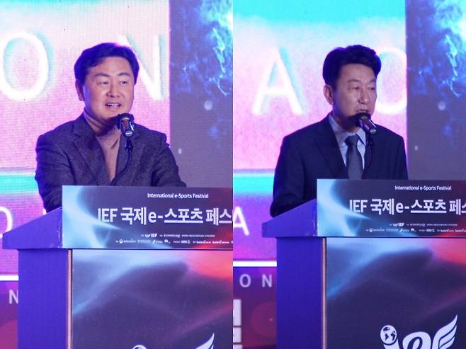 3일 전북 전주시 전북대학교 가인홀 진수당에서는 'IEF2022 전주' 개막식이 열렸다. (왼쪽부터) 김관영 전북지사, 우범기 전주시장이 축사를 하고 있다.