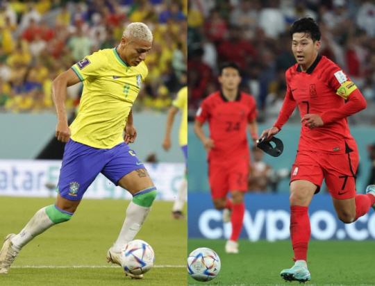 6일 열린 한국과 브라질의 16강 경기에서 맞붙을 손흥민(오른쪽)과 그의 토트넘 동료인 브라질의 히샤를리송. 연합뉴스