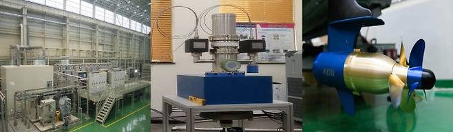 (왼쪽부터)&nbsp;한국전기연구원 전기선박 육상시험소, 고출력 전자파 기반 비살상 대인 무력화 시스템의 핵심 장비인 자이로트론, 비접촉 마그네틱 기어 기반 상반회전 프로펠러. 한국전기연구원 제공&nbsp;