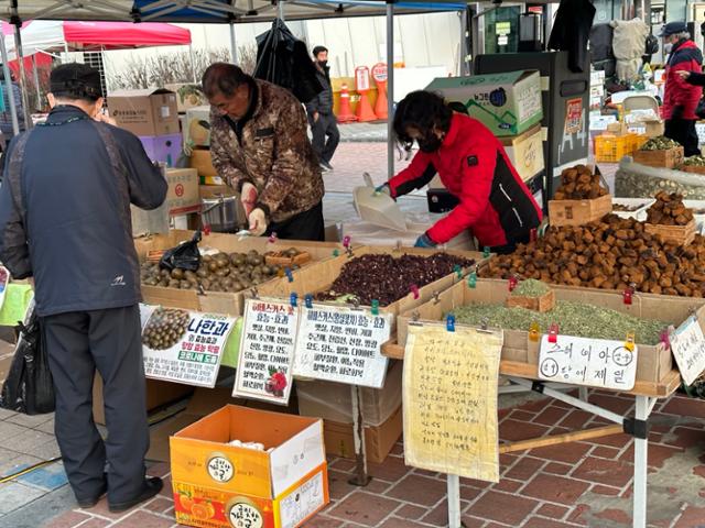 5일장이 열린 지난달 29일 성남 모란민속시장 내 약초 점포에서 고객이 진열된 상품을 둘러보고 있다. 이종구 기자