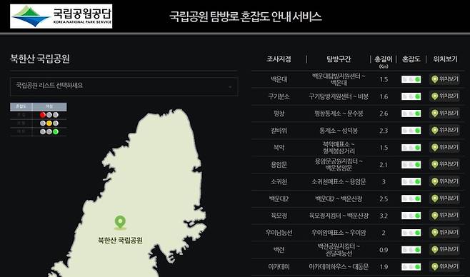 북한산국립공원의 탐방로 혼잡도 안내 서비스. 국립공원공단 누리집 갈무리.