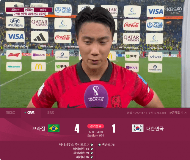 카타르 월드컵 한국vs브라질 네이버 시청 화면