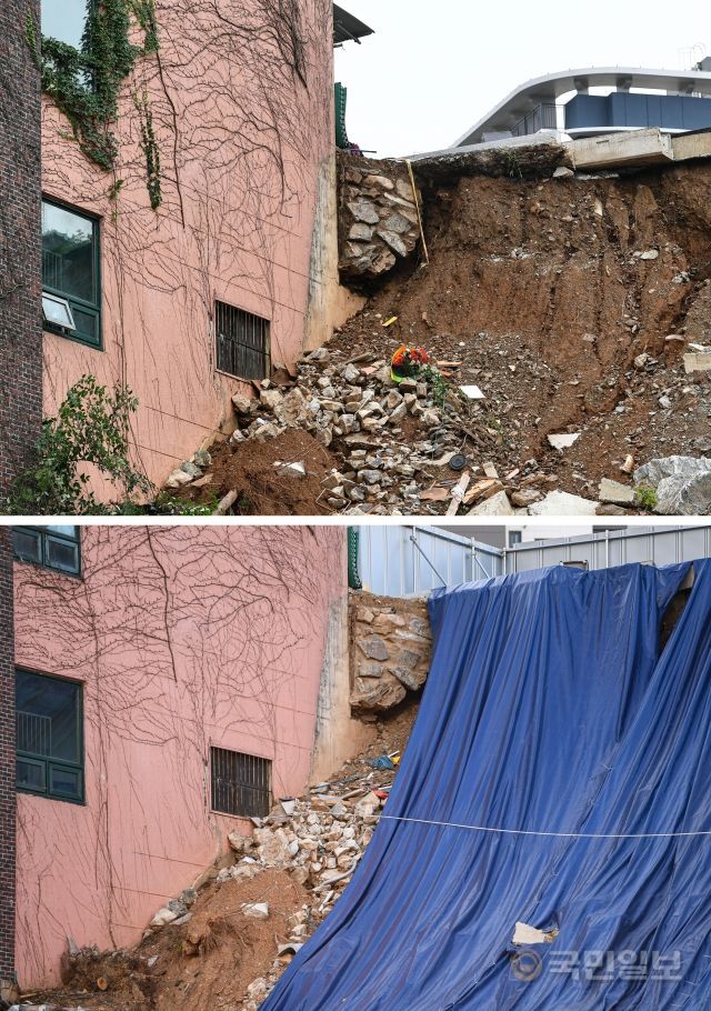 지난 8월 산사태가 발생했던 당시(위)와 긴급 복구가 끝난 지난달 30일의 서울 동작구 경문고 현장의 모습. 100일이 넘었지만 걸려있는 돌덩어리와 잔해들의 위치가 크게 다르지 않다.