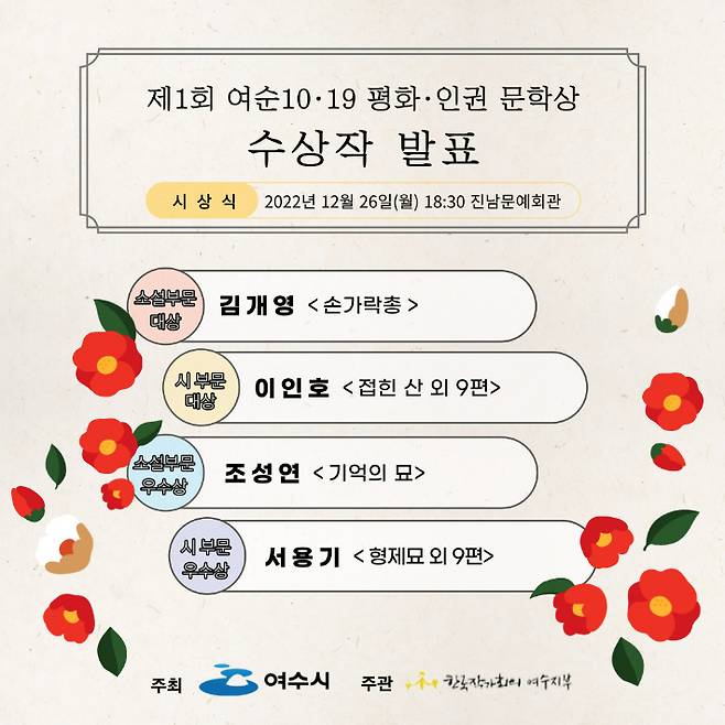 제1회 여순10.19 평화.인권 문학상 수상작 발표. 여수시 제공