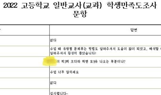 ▲지난 2일 교원평가 성희롱 피해 교사들이 소셜미디어 계정을 통해 공개한 '2022 고등학교 일반교사 학생만족도조사(교원평가) 결과에 기입된 성희롱 발언 중 일부 ⓒ교원평가성희롱공론화 트위터 계정