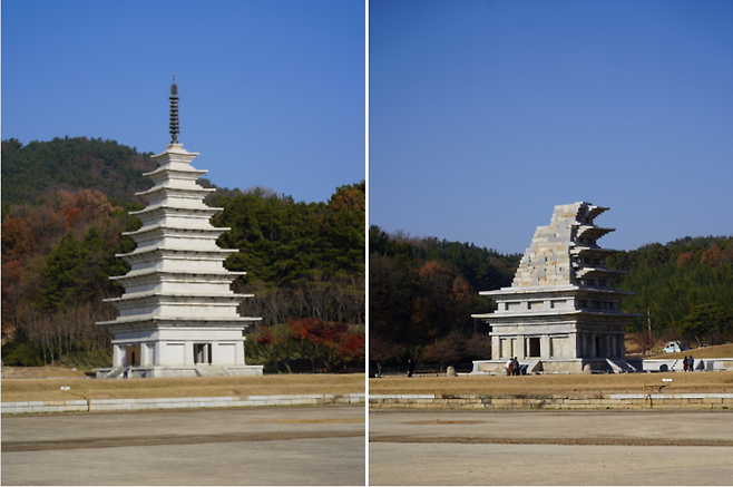 미륵사지 동탑과 서탑의 전경. 복원이 완료된 동탑과 중단된 서탑이 대조된다. / 사진 = 정윤지 여행+ 기자