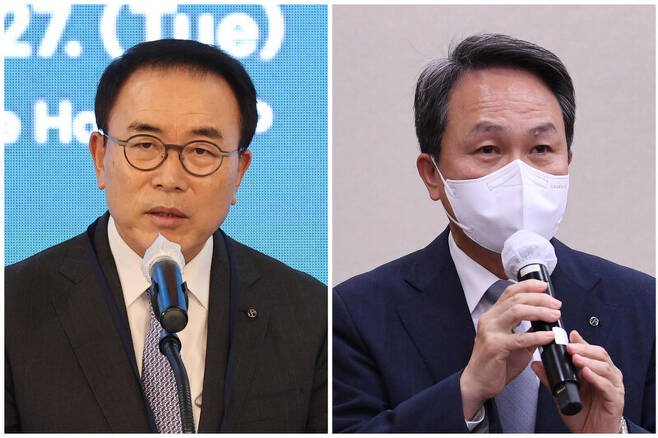 조용병 회장(왼쪽)과 신한은행 진옥동 은행장. 연합뉴스
