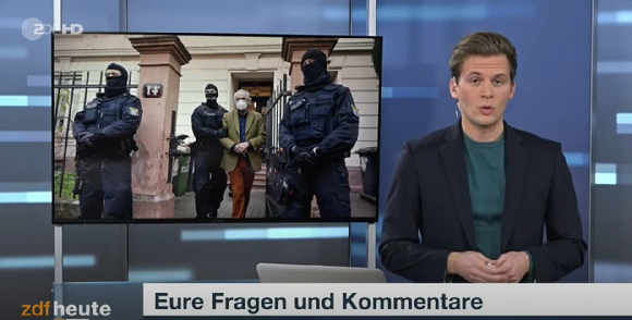 7일 독일 프랑크푸르트에서 경찰이 연방정부 전복을 꾀한 혐의로 '하인리히13세'를 체포하고 있다. [사진=ZDFheute Nachrichten]