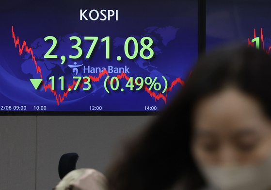 A screen in Hana Bank's trading room in central Seoul shows the Kospi closing at 2,371.08 points on Thursday, down 11.73 points, or 0.49 percent, from the previous trading day. [YONHAP]