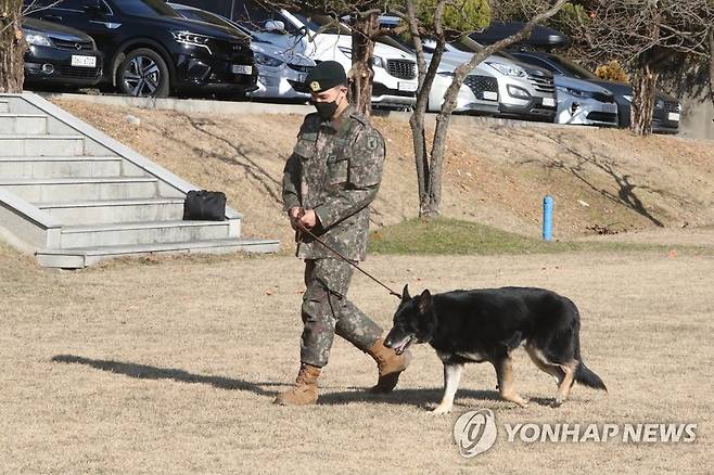 달관아 그동안 고마웠어 (세종=연합뉴스) 이주형 기자 = 8일 오후 세종 금남면 육군 32보병사단 기동대대에서 군견 달관이의 은퇴식이 열리고 있다. 2022.12.8