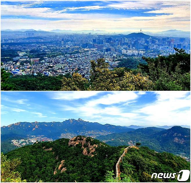 인왕산에서 바라보는 전망. <위> 한양도성의 산줄기 안에 서울시내가 얌전하게 담겨있는 모습. 멀리 외곽의 산줄기들이 서울을 둥그렇게 호위하고 있다. <아래> 인왕산에서 바라보는 북한산과 오른쪽의 백악산. 가까이 기차바위와 한양도성.
