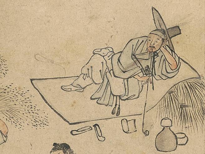 김홍도, 벼 타작(부분), <단원풍속도첩>, 조선, 보물. 국립중앙박물관 제공