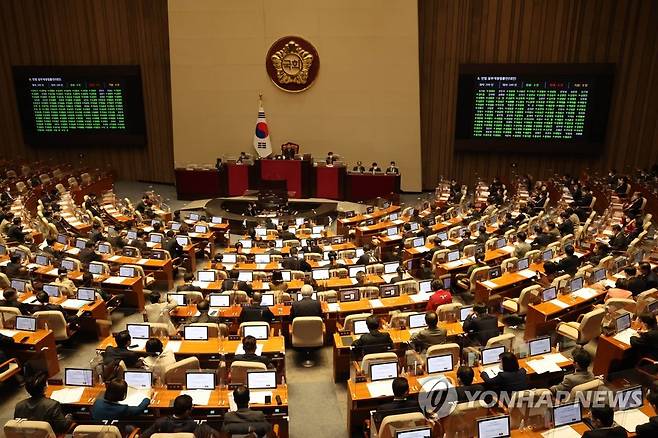 지난 8일 국회에서 열린 본회의에서 각종 법안이 통과되고 있다.[연합뉴스 자료사진]