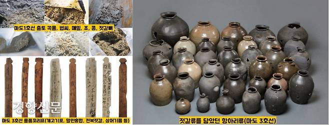 태안선이 ‘고려청자 운반선’이었다면 마도 1,2,3호선은 각종 곡물과 젓갈류 등 서울(개경)으로 가는 미곡과 특산물을 가득 실은 ‘세곡 특산물 운반선’이었다.|국립해양문화재연구소 제공