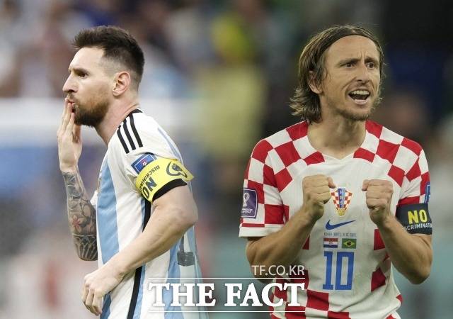 리오넬 메시(왼쪽)와 루카 모드리치가 14일 2022 카타르 월드컵 준결승전에서 각각 아르헨티나, 크로아티아 국가대표팀 소속으로 맞대결한다./루사일(카타르)=신화.뉴시스, 알라이얀(카타르)=신화.뉴시스