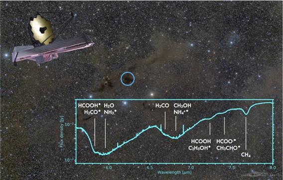 성간구름에서 태어나고 있는 원시별에서 제임스 웹 우주망원경에 의해 관측된 얼음 분자 스펙트럼. 다양한 유기분자의 흡수선이 관측되었다. 이미지의 가운데 파란색 동그라미가 태아별 IRAS15398-3359가 두꺼운 물질에 묻혀있는 위치를 표시하고 있다. 그림 = 서울대 제공