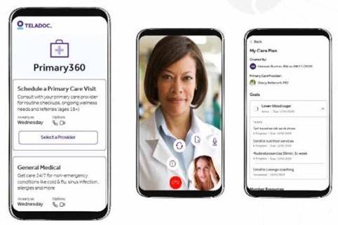 미국 텔라닥 앱 휴대전화 인터페이스. 왼쪽은 가정주치의 개념의 서비스. 가운데는 환자의 휴대전화 화면, 오른쪽은 환자 개인의 건강관리 계획. [사진=텔레락 앱 화면 캡처]