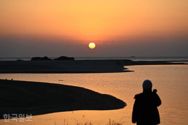 월송정 바로 아래 하천과 바다가 만나는 평해사구습지는 숨겨진 일출 명소다. 바다에 해가 뜨면 붉게 물든 남대천 수면에 빛기둥이 번진다.