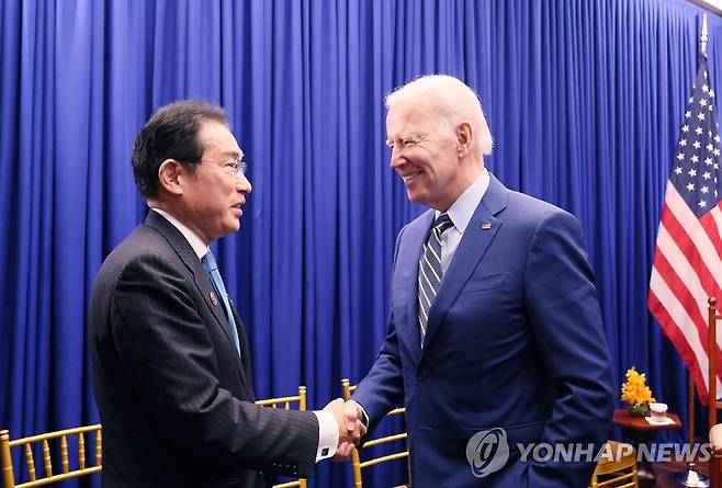 기시다 후미오 일본 총리와 조 바이든 미국 대통령 [UPI 연합뉴스 자료사진. 재판매 및 DB 금지]