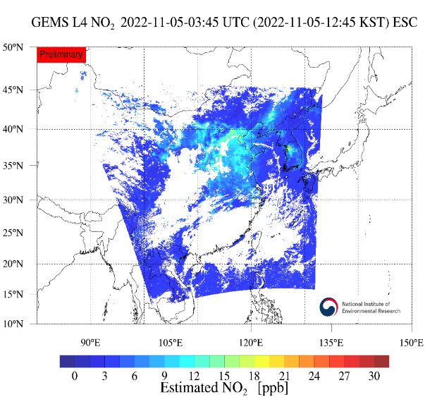 한반도 인근 영역의 지난달 5일 이산화질소 농도 모의 추정값. 국립환경과학원 제공