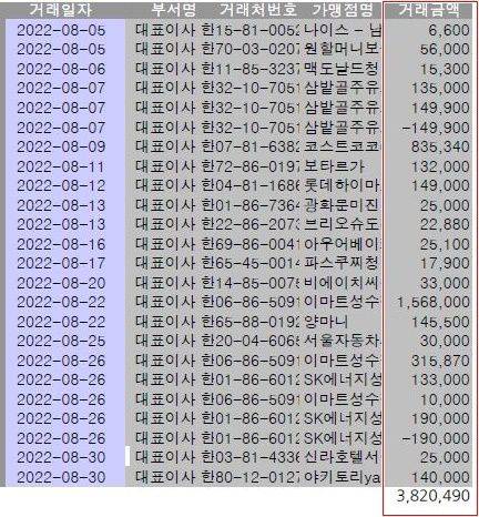 A씨가 쓴 대우산업개발 법인카드 사용내역