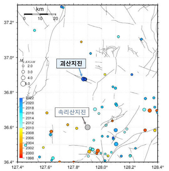 한국지질자원연구원은 20일 지난 10월 발생한 괴산 지진이 지하 12∼14㎞ 깊이에서 서북서-동남동 방향의 주향이동에 의한 단층운동으로 발생한 것으로 파악했다. 사진은 괴산 지진 진앙 주변 지진 발생 현황 



지질자원연 제공