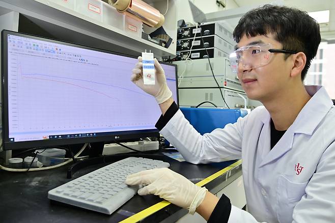 KIST 임국현 연구원이 새롭게 도입한 전해질을 사용해 망간 양극 기반 리튬이온전지 성능을 테스트 하고 있다.[KIST 제공]