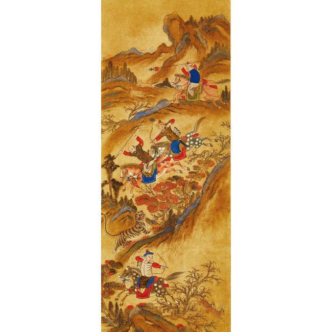 호렵도(虎獵圖) | 19세기. 지본&nbsp;채색. 8폭&nbsp;병풍 가운데 1폭&nbsp;117 x 45㎝ 호랑이&nbsp;사냥&nbsp;그림인&nbsp;‘호렵도’는&nbsp;역동적·전투적&nbsp;분위기를&nbsp;풍긴다.&nbsp;무관의&nbsp;거처나&nbsp;군대&nbsp;시설물의&nbsp;장식 병풍으로&nbsp;많이&nbsp;사용됐다.