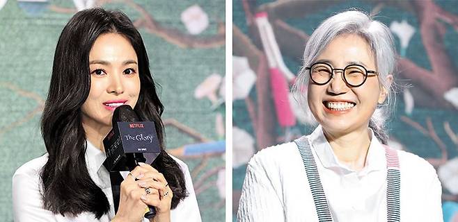 20일 제작 보고회에 참석한 넷플릭스 ‘더 글로리’의 주연 송혜교(왼쪽)와 김은숙 작가. ‘태양의 후예’ ‘도깨비’ 등을 써온 작가 특유의 말맛 나는 대사가 학폭 피해자의 복수극에서도 힘을 발휘한다. /최문영 스포츠조선 기자·뉴스1