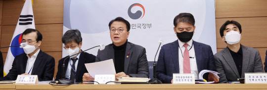 방기선 기획재정부 1차관이 지난 19일 세종시 정부세종청사에서 열린 2023년 경제정책방향 상세브리핑에서 발언하고 있다. 왼쪽부터 이세훈 금융위원회 사무처장, 이정한 고용노동부 노동정책실장, 방기선 기획재정부 1차관, 주영준 산업통상자원부 산업정책실장, 권혁진 국토교통부 주택토지실장. [세종=연합뉴스]