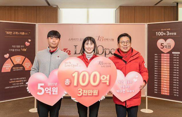 21일 스카이72 골프앤리조트 임직원 대표 윤요한(왼쪽) 매니저와 캐디 대표 조스라(가운데)씨가 조상범 인천사회복지공동모금회장에게 5억원의 성금을 전달하고 있다. ⓒ스카이72