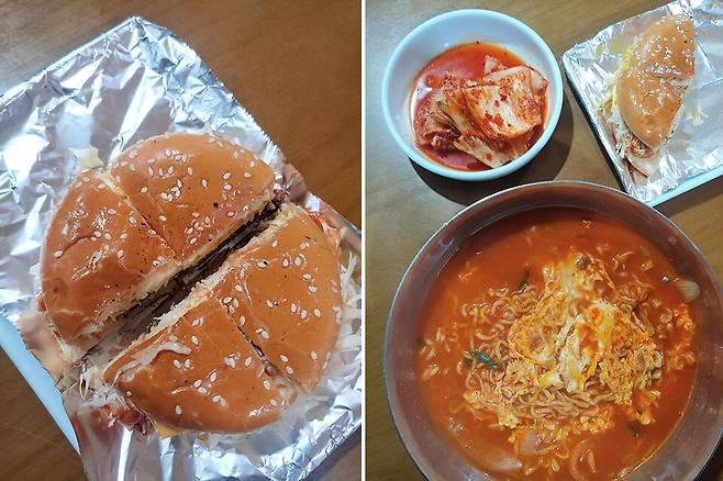 레트로풍 수제 버거와 짬뽕라면을 함께 맛볼 것