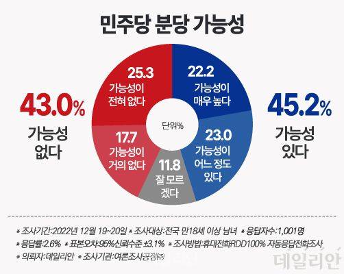 데일리안이 여론조사 전문기관 여론조사공정㈜에 의뢰해 지난 19~20일 전국 유권자 1001명을 대상으로 '이재명 대표의 사법 리스크로 인한 민주당 분당 가능성'에 대한 질문에 "가능성이 있다"는 응답이 45.2%로 "가능성이 없다"는 응답인 43.0%와 2.2%p의 격차를 보였다. ⓒ데일리안 박진희 그래픽디자이너