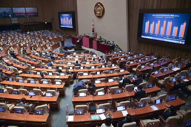 한덕수 국무총리가 지난 7월26일 오후 국회에서 열린 경제 분야 대정부질문에서 신동근 더불어민주당 의원의 법인세 세율과 관련한 질의에 답하고 있다. / 사진제공=뉴시스