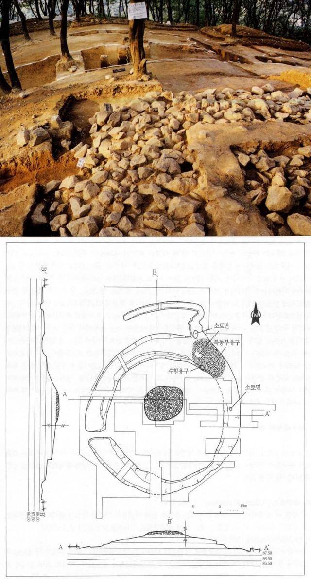고강동 적석환구 유구. 중앙에 적석(돌무지)이 있고 이중으로 된 활 모형의 구가 보인다. 아래는 평면도 및 단면도.