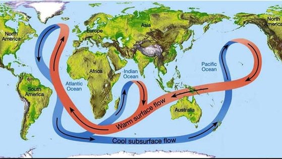 지구 해양을 흐르는 거대한 해류. 해류의 대서양 부분을 대서양 자오선 역전 순환(AMOC)이라고 한다. 기후변화가 계속될 경우 AMOC은 가장 빨리 임계점에 도달하는 기후 시스템 요소 중의 하나일 것으로 보인다.