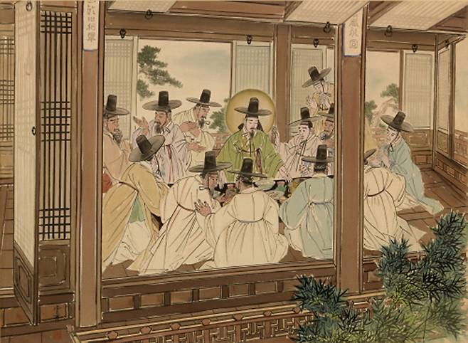 운보 김기창은 예수의 생애를 조선을 배경으로 재해석하는 탁월한 작품을 선보였다. 갓 쓴 예수 그리스도가 한옥에서 열두 제자와 함께 조선 밥상을 즐기는 모습.